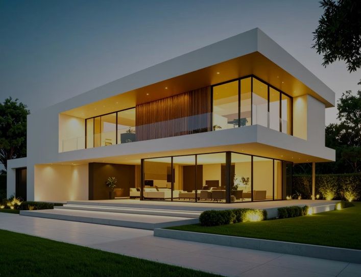 Modern two-story house with lit windows and a landscaped front lawn